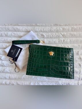 VERSACE Emerald Croc-Embossed Leather Pouch/Wristlet